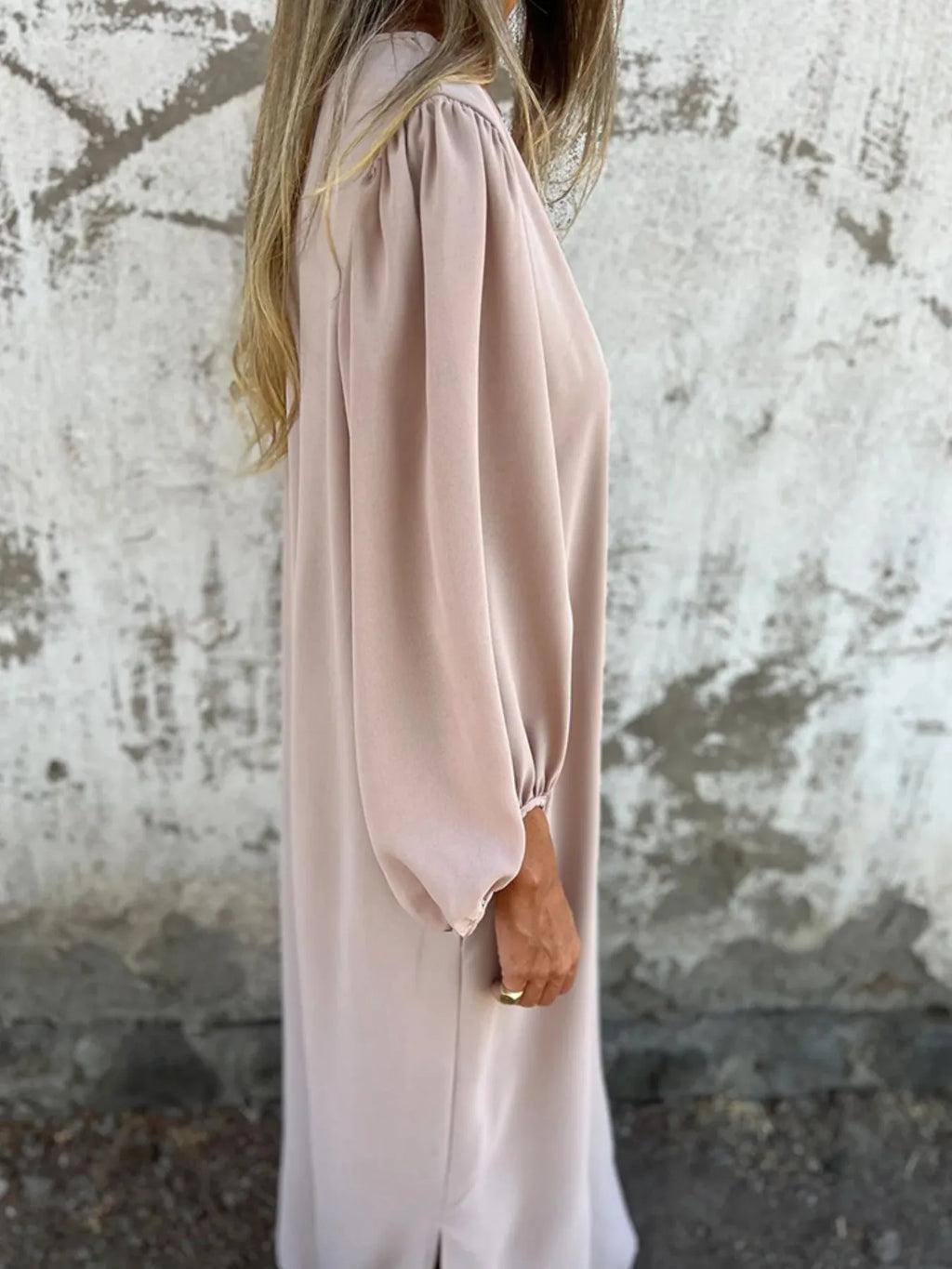 Loose Fit V Neck Balloon Sleeve Ankle Dress