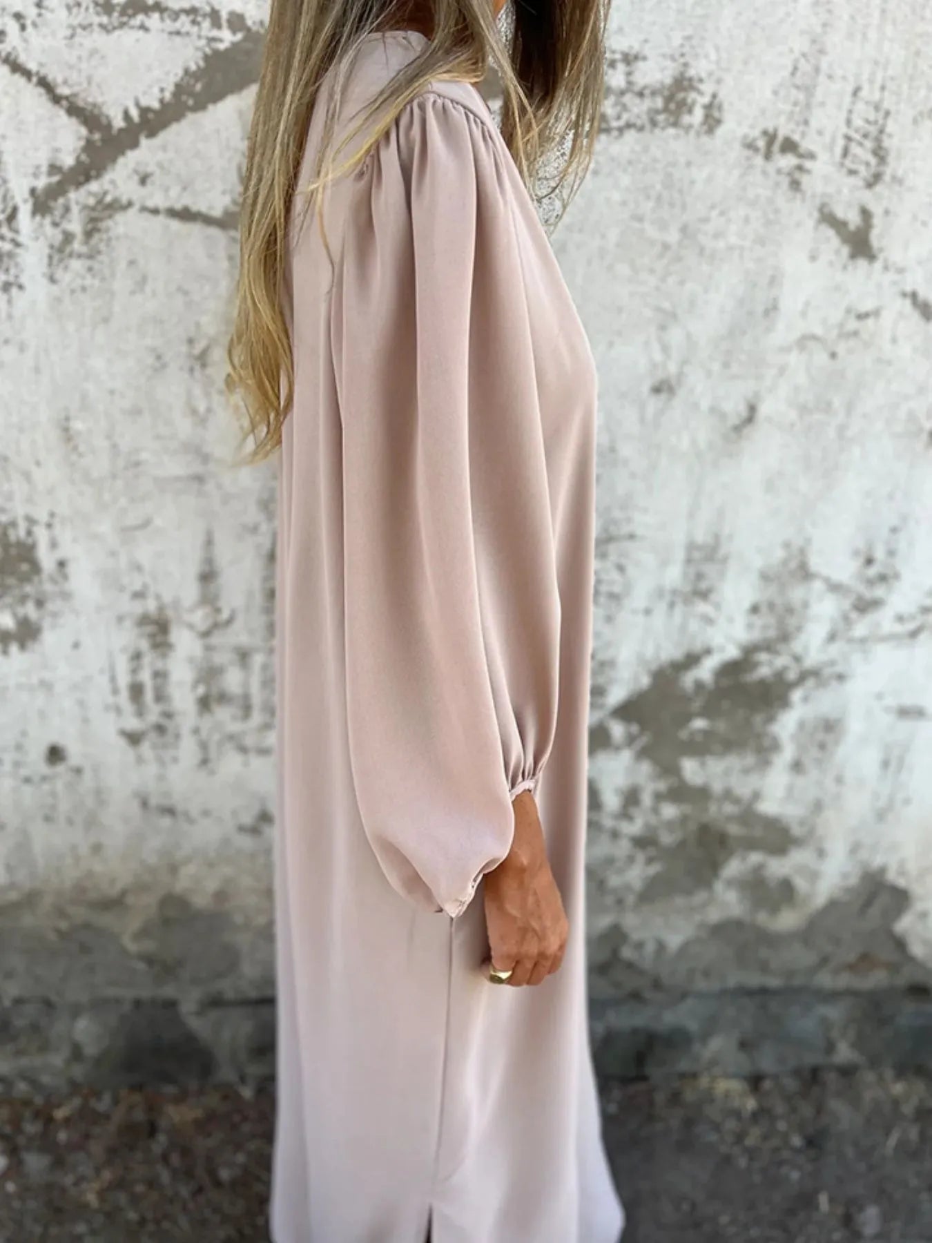 Loose Fit V Neck Balloon Sleeve Ankle Dress