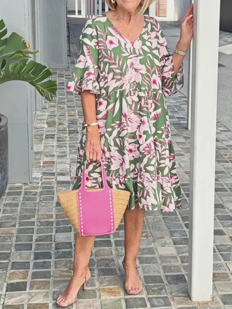 Floral V Neck Dress Relaxed Fit Knee Length