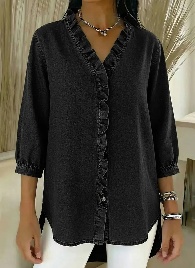 Relaxed Fit Denim Blouse V Neck Ruffled Detail