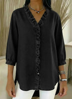 Relaxed Fit Denim Blouse V Neck Ruffled Detail