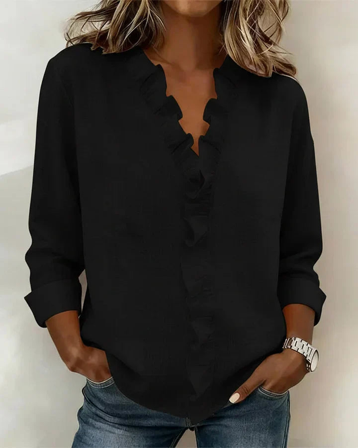 Ruffled V Neck Blouse Relaxed Fit Lightweight Fabric
