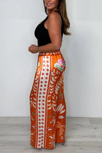 Wide Leg Satin Pants Floral Leaf Print High Waist