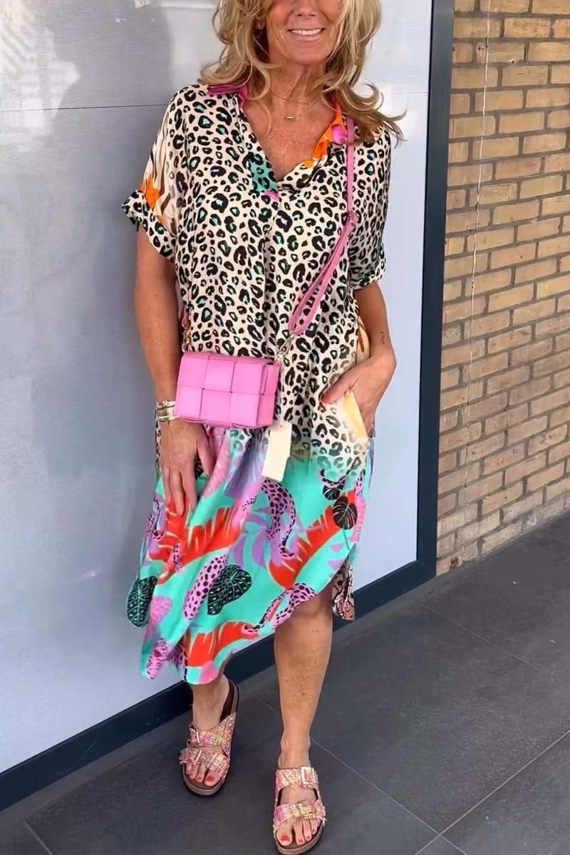 Boho Leopard Print Midcalf Dress Lightweight Casual