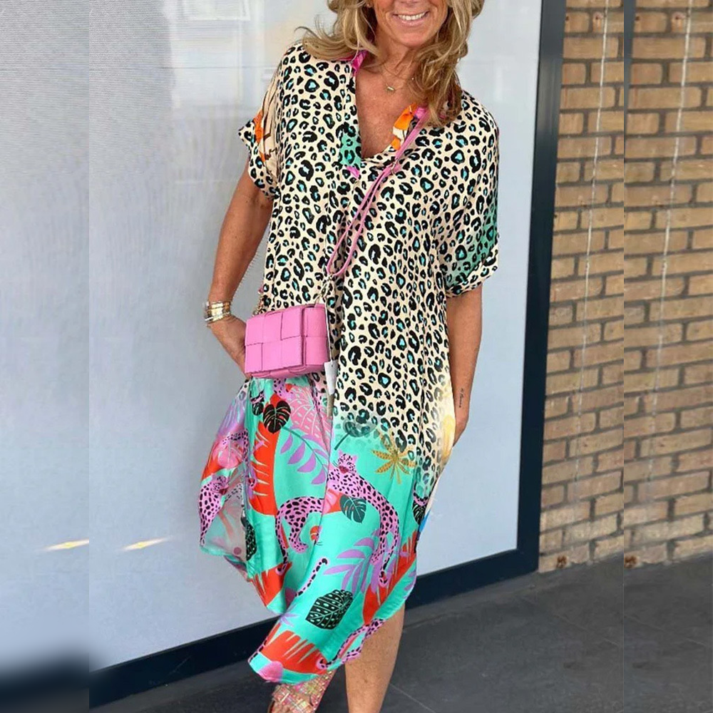 Boho Leopard Print Midcalf Dress Lightweight Casual