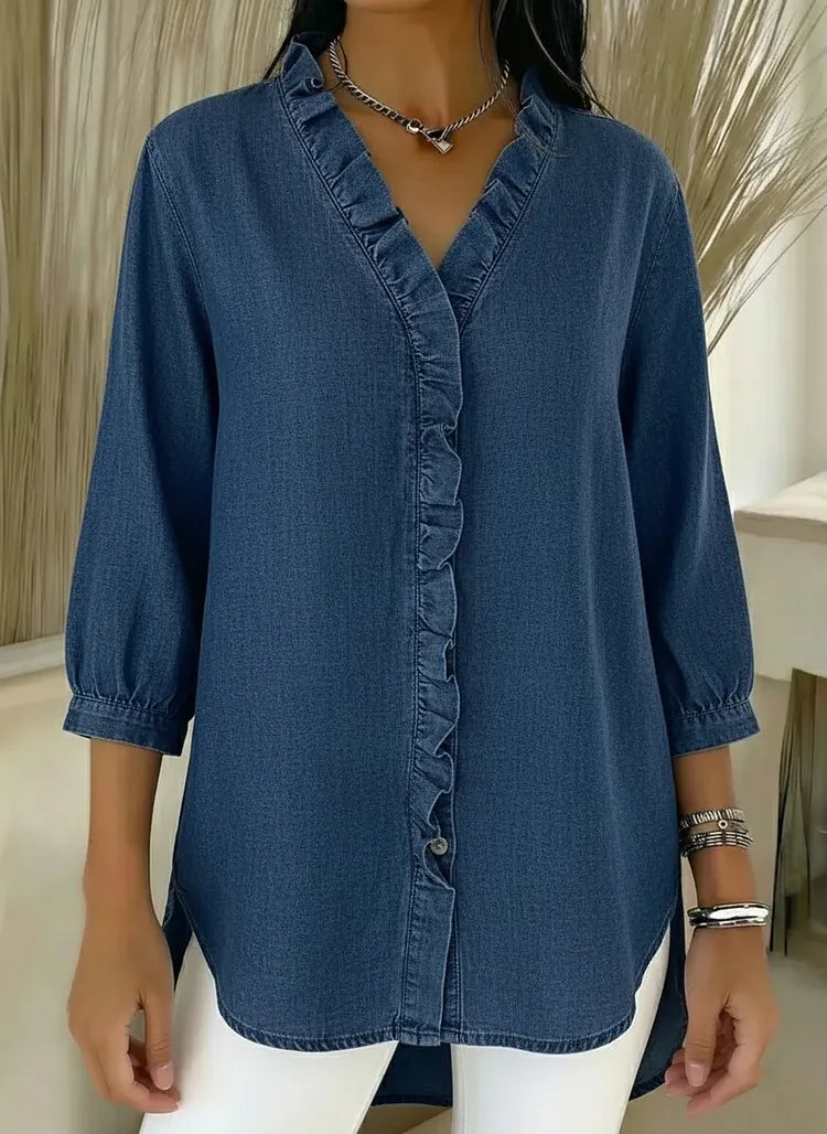 Relaxed Fit Denim Blouse V Neck Ruffled Detail