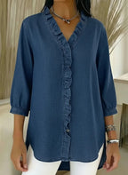 Relaxed Fit Denim Blouse V Neck Ruffled Detail