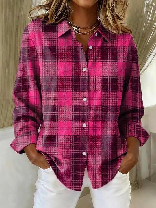 Women's Casual Vintage Plaid Button-Down Shirt Loose Fit Long Sleeve