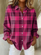 Women's Casual Vintage Plaid Button-Down Shirt Loose Fit Long Sleeve
