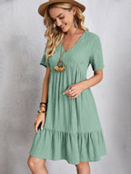 Lightweight V Neck Short Sleeve A Line Dress