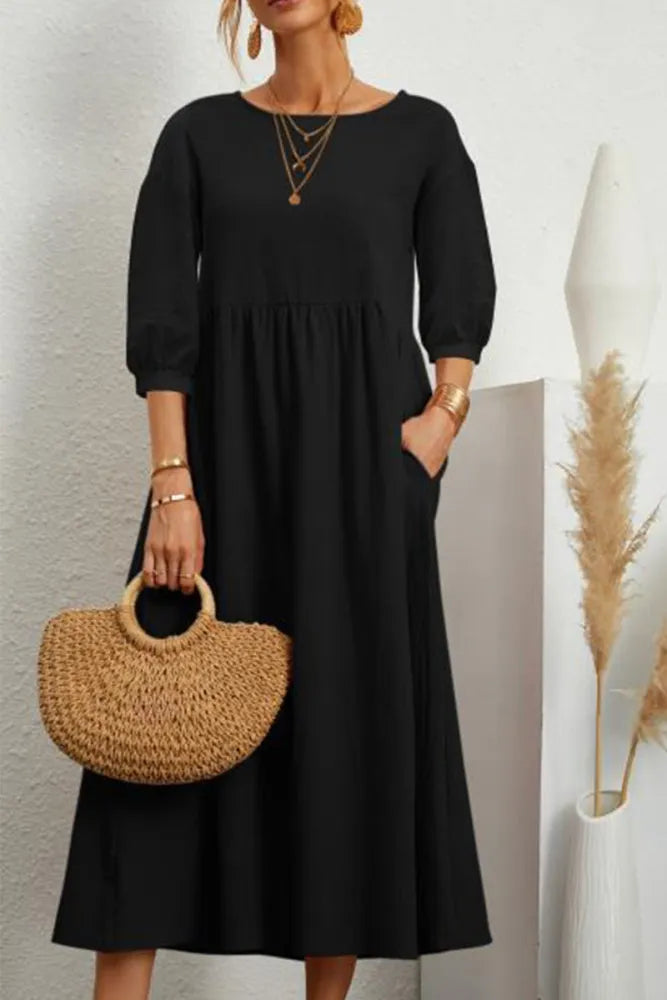 Relaxed Fit Midi Dress Lightweight Cotton Linen Blend