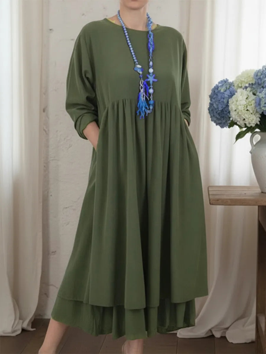 Isabel Loose Fit Women's Midi Dress with Gathered Waist and Pockets