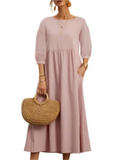 Relaxed Fit Midi Dress Lightweight Cotton Linen Blend