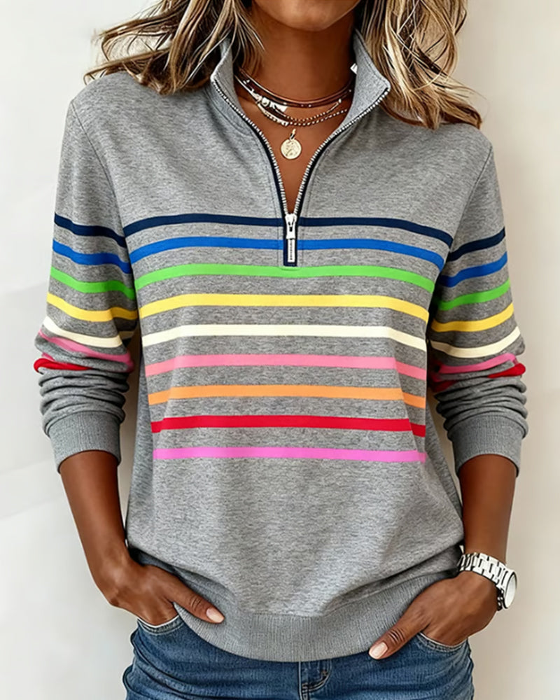 Colorful Striped Pullover Sweatshirt Relaxed Fit Cotton Blend