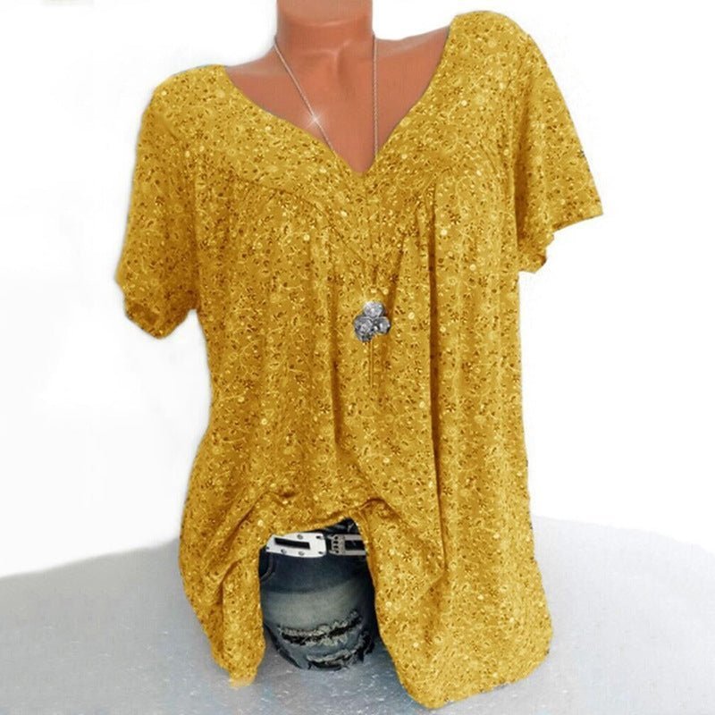 Lightweight V Neck Speckled Short Sleeve Top
