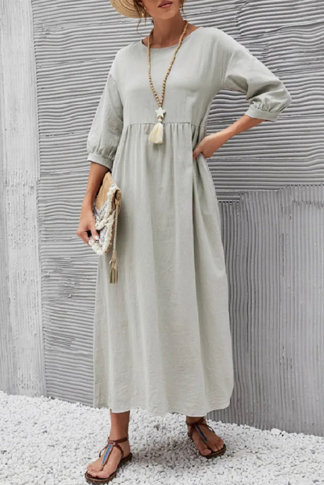 Relaxed Fit Midi Dress Lightweight Cotton Linen Blend
