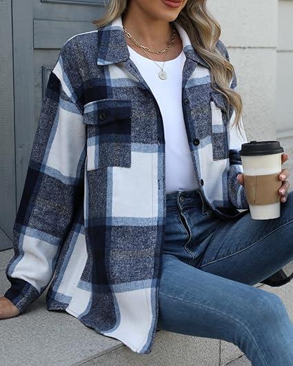 Women’s Plus Size Plaid Flannel Shacket Button-Down Jacket