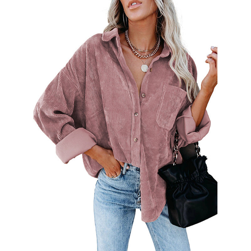 Loose Fit Button-Front Corduroy Shirt with Pockets