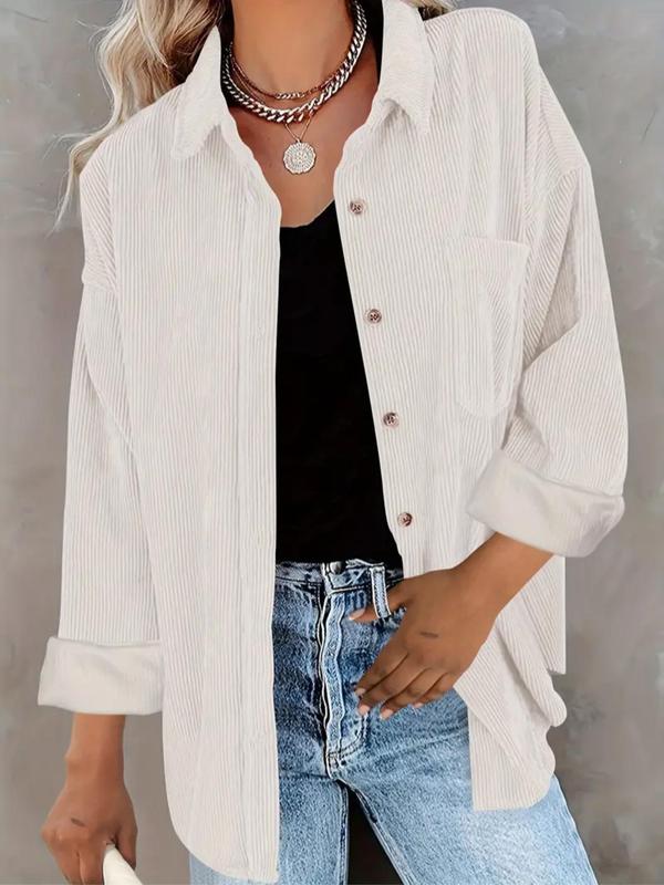 Loose Fit Button-Front Corduroy Shirt with Pockets
