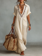 Lightweight Linen Blend Maxi Dress Embroidered Detail