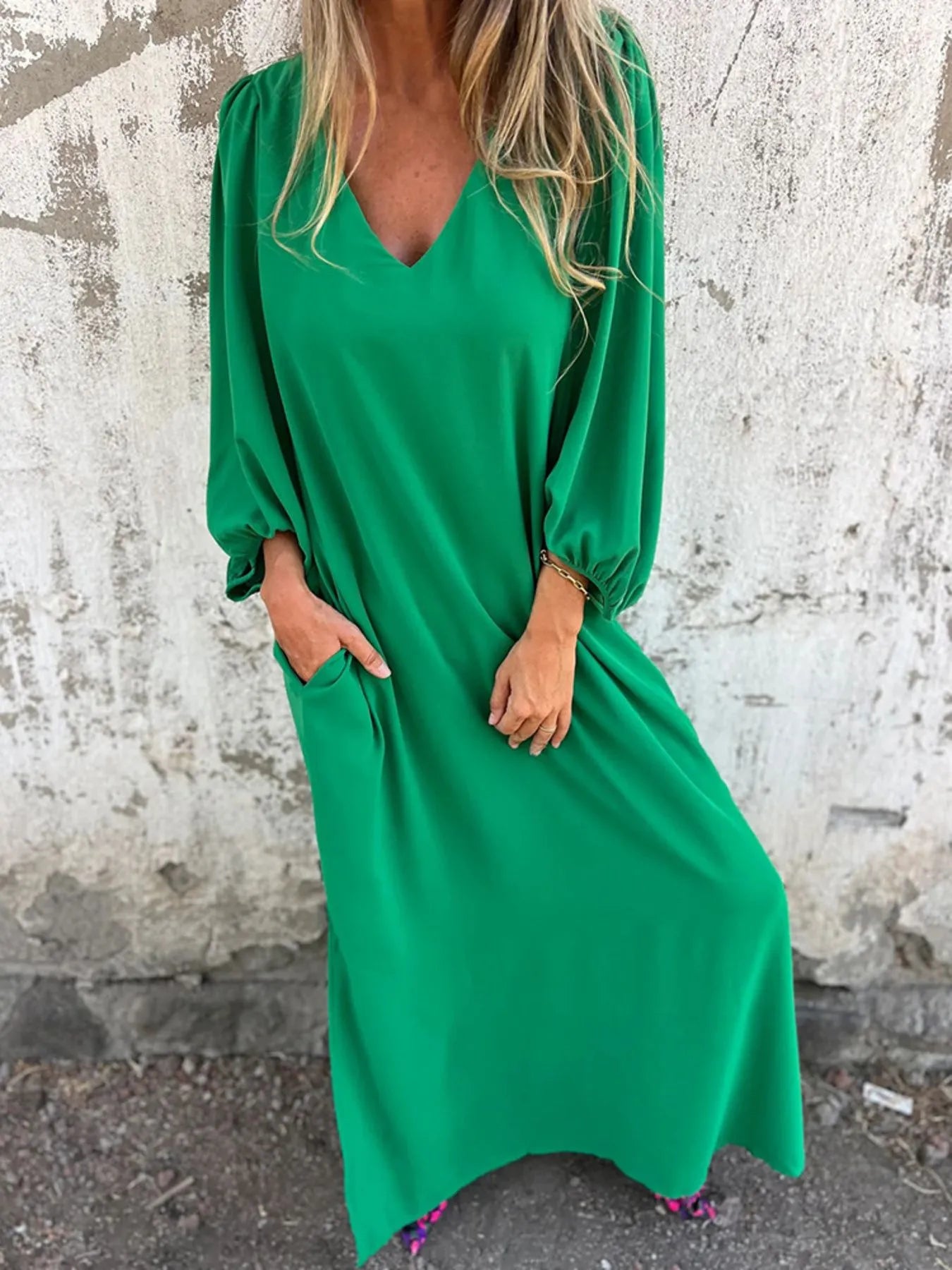 Loose Fit V Neck Balloon Sleeve Ankle Dress