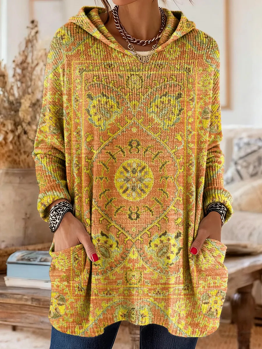 Retro Ethnic Print Hooded Knit Tunic with Pockets