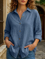 Relaxed Fit Button Up Shirt Lightweight Pleated Texture