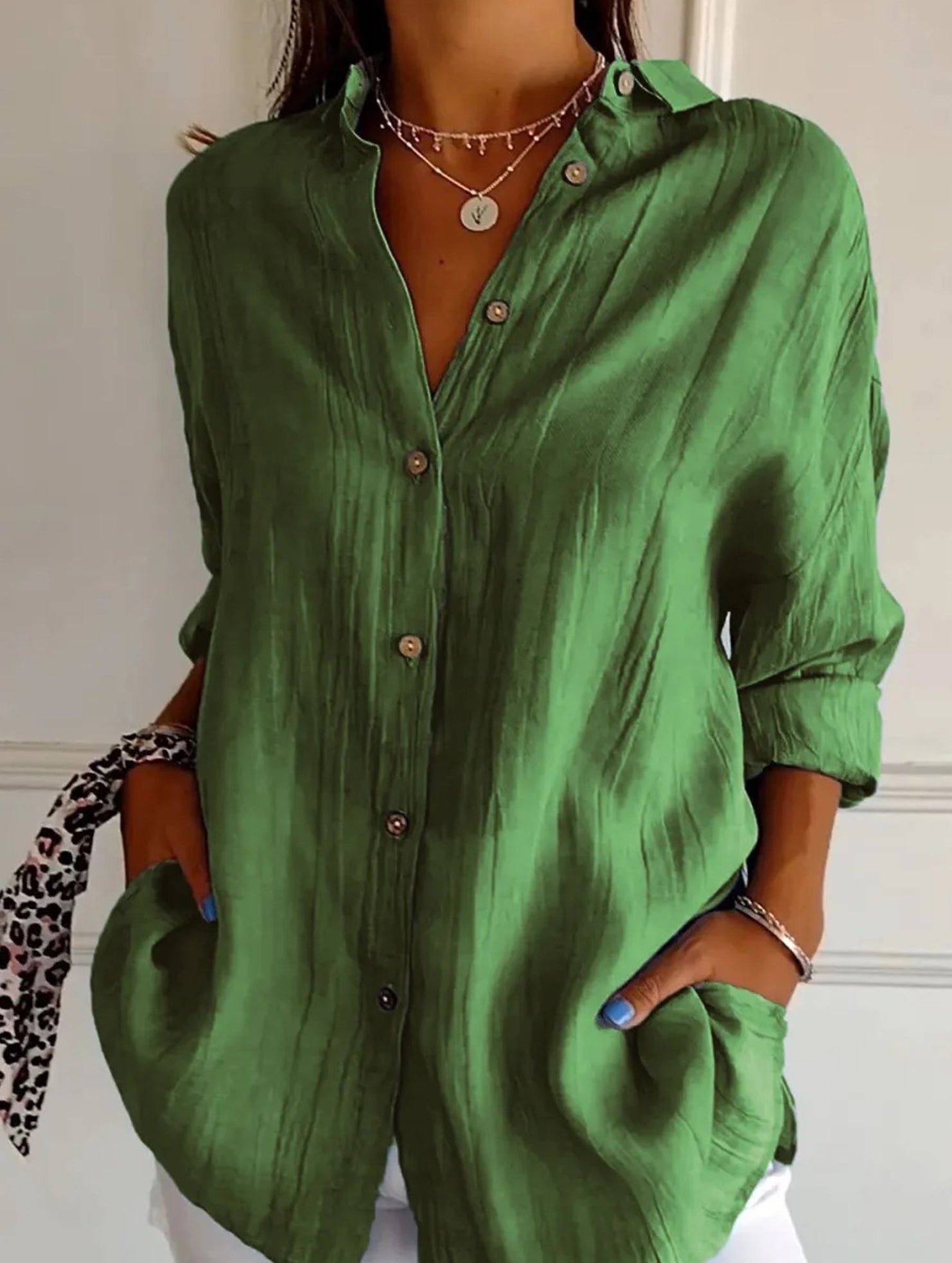 Relaxed Fit Button Up Shirt Lightweight Pleated Texture