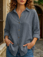 Relaxed Fit Button Up Shirt Lightweight Pleated Texture