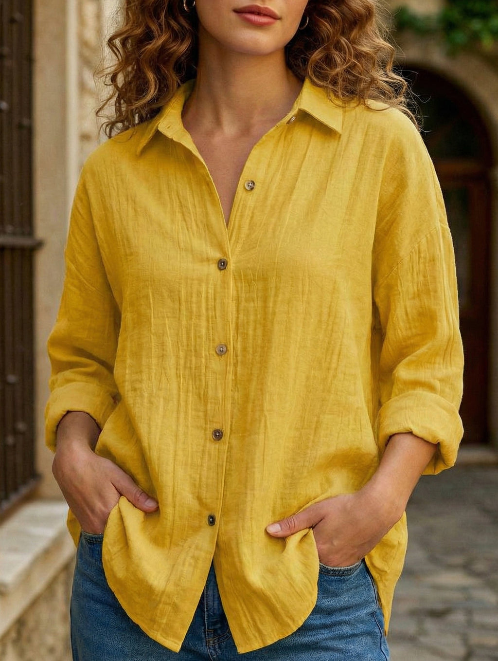 Relaxed Fit Button Up Shirt Lightweight Pleated Texture