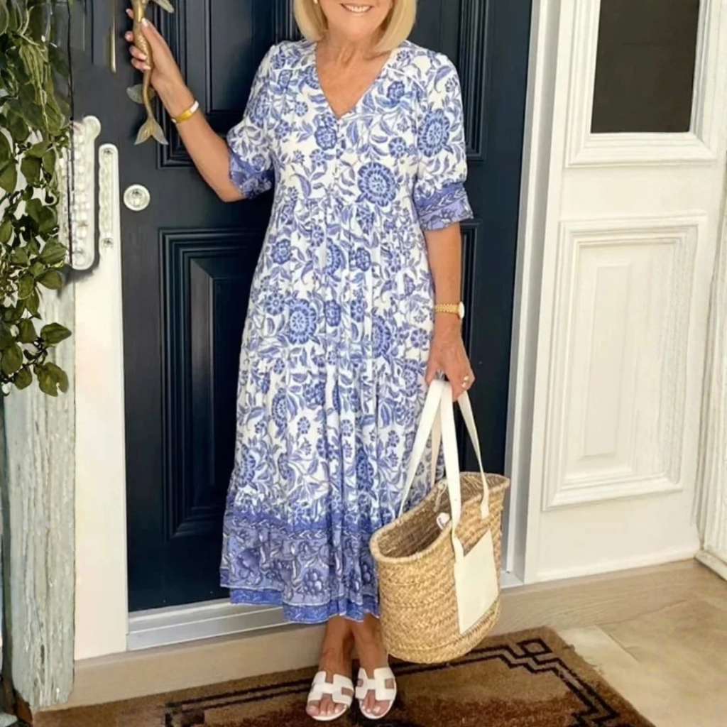 Lightweight Floral Ankle Dress Flowing V Neck