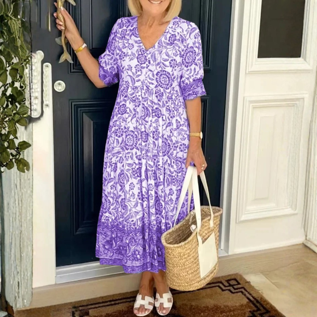 Lightweight Floral Ankle Dress Flowing V Neck