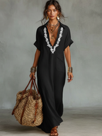 Lightweight Linen Blend Maxi Dress Embroidered Detail