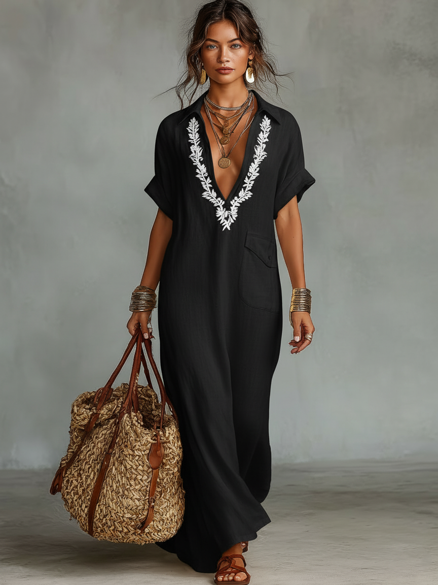 Lightweight Linen Blend Maxi Dress Embroidered Detail