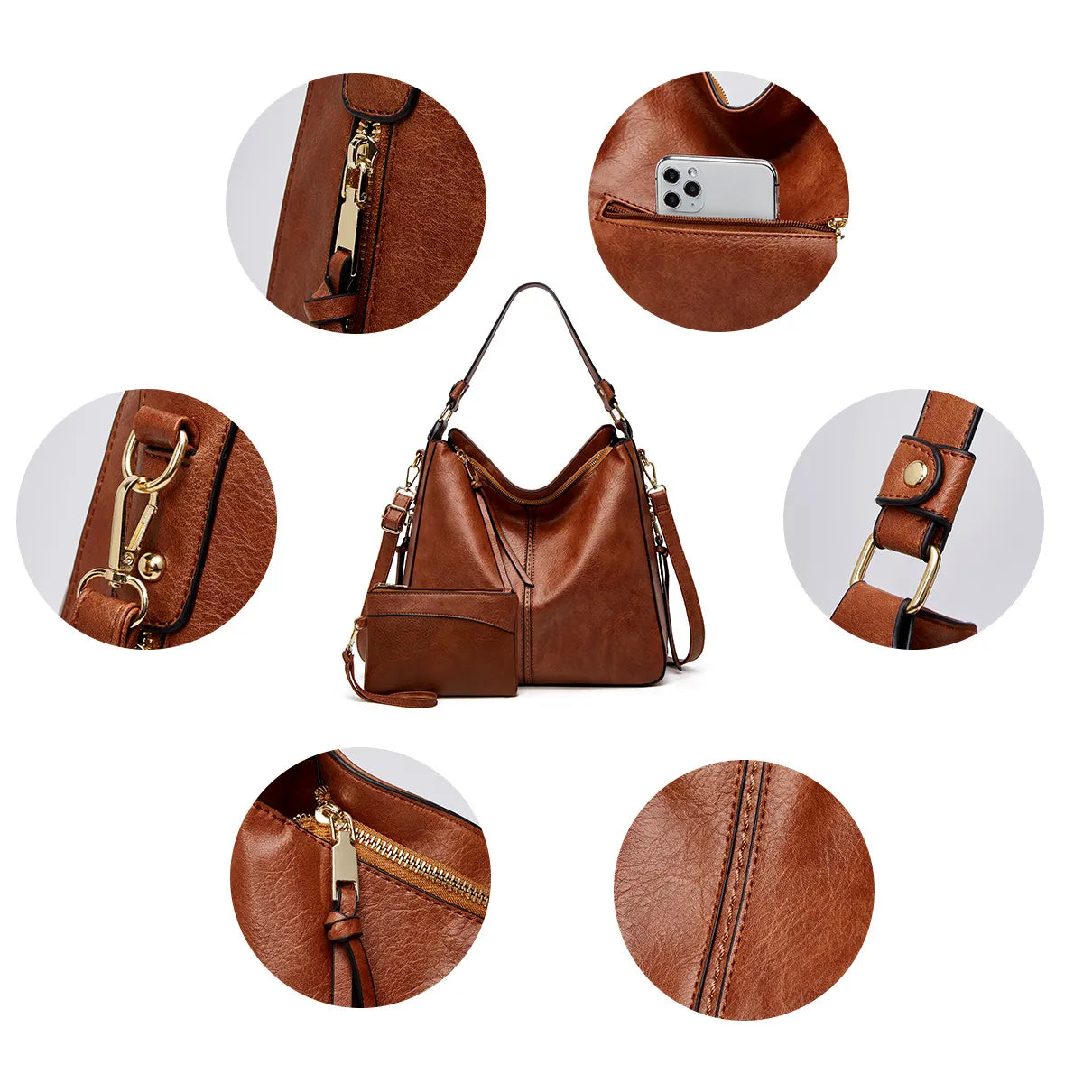 Soft Leather Hobo Tote Bag with Hidden Anti Theft Pocket