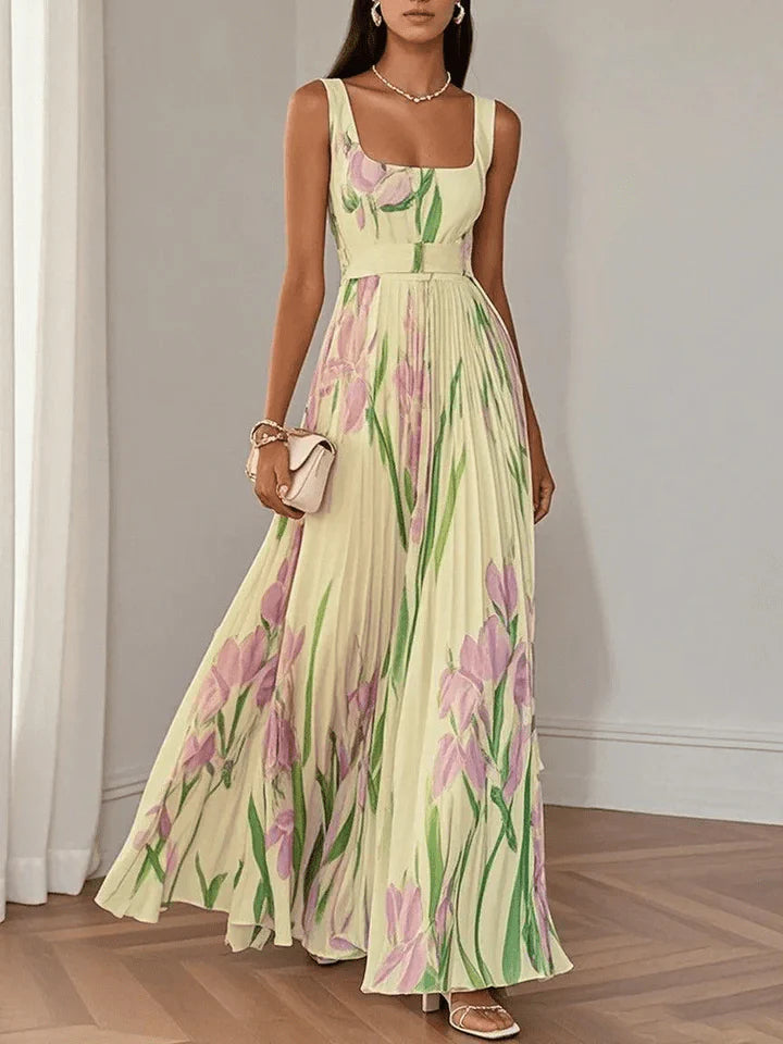 Marie | White Pleated Floral Chiffon Maxi Dress