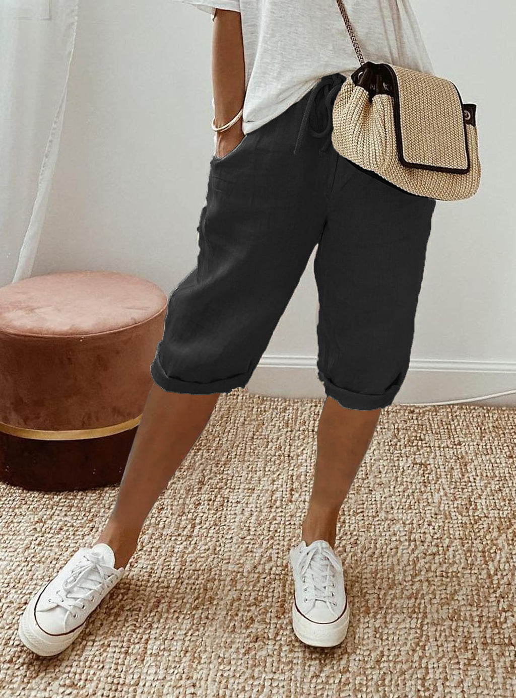Lightweight Cotton Linen Cropped Pants Relaxed Fit Casual