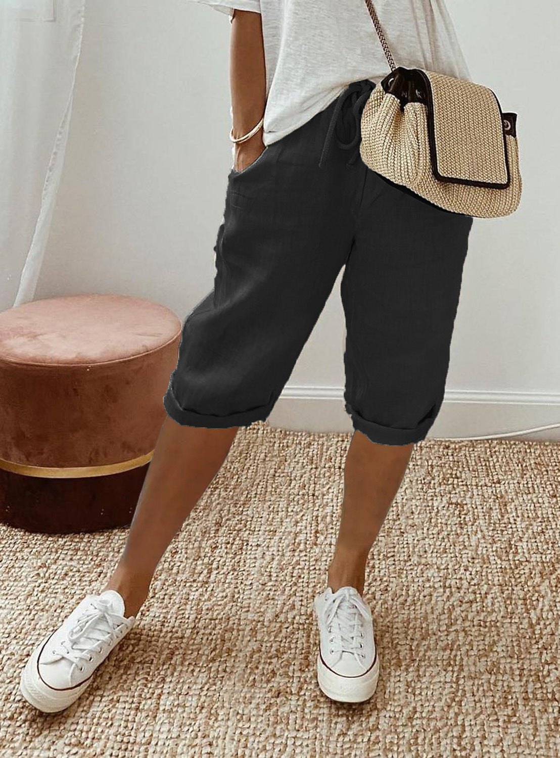 Lightweight Cotton Linen Cropped Pants Relaxed Fit Casual