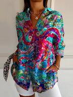 Relaxed Fit Women's Button Up Shirt Lightweight Patchwork Print