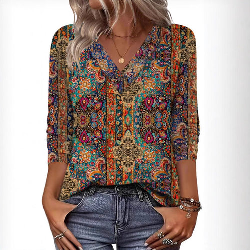 20 Colors Cross-Border European and American Women's Clothing Amazon 2025 Autumn Loose Casual Printed Long Sleeve V-Neck T-Shirt Top