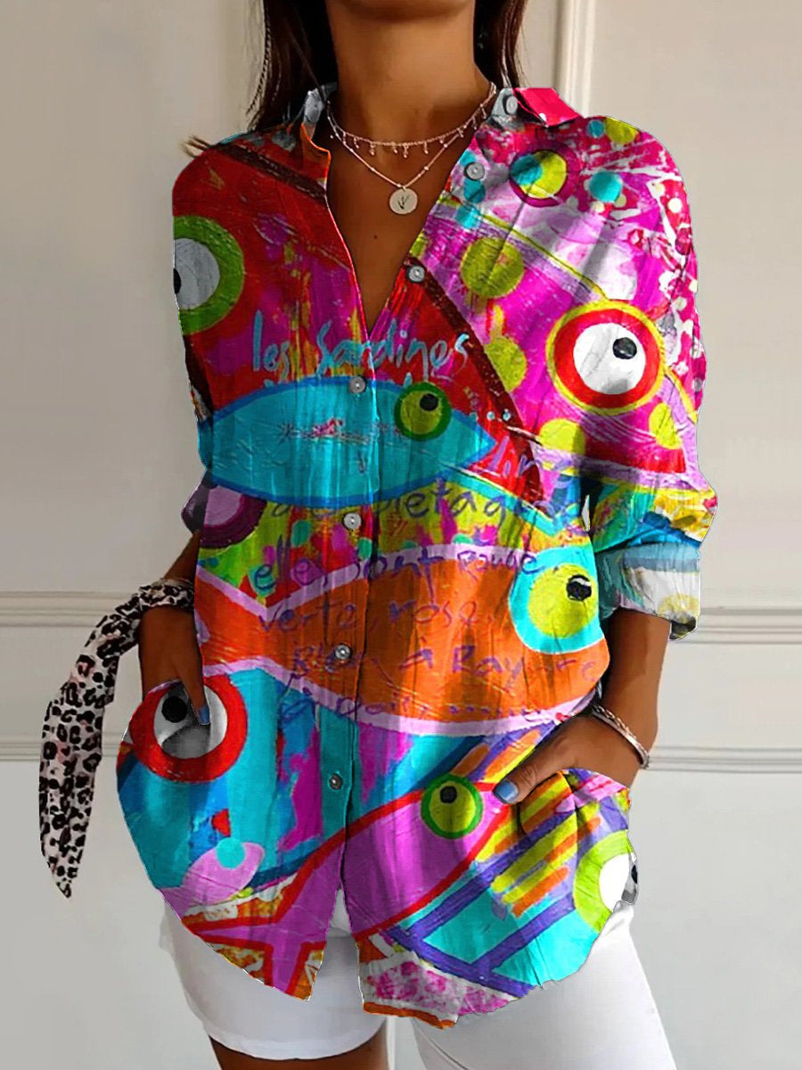 Relaxed Fit Women's Button Up Shirt Lightweight Patchwork Print