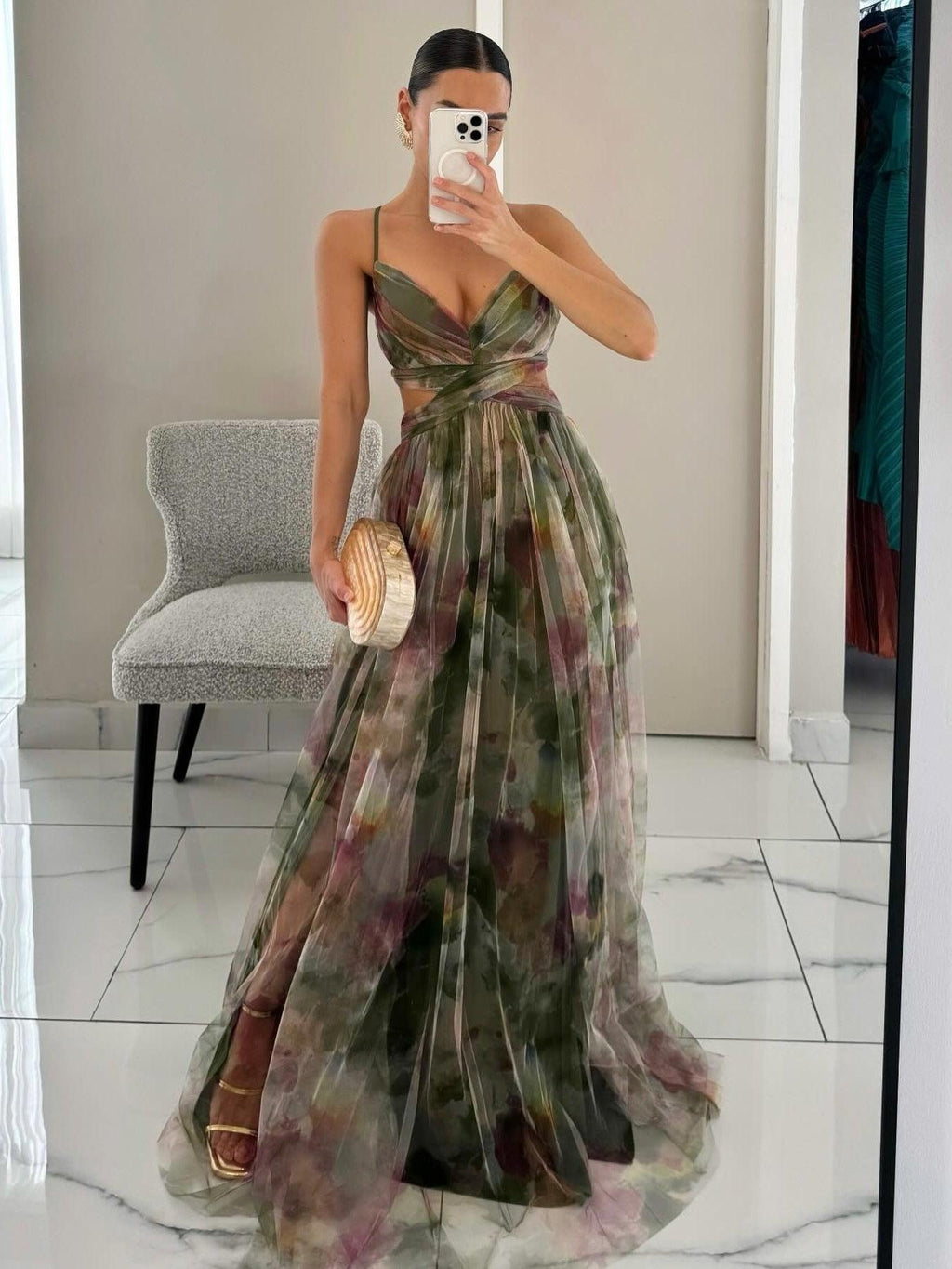 Karen | Painted Floral Print V-Neck Maxi Dress