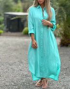 Cotton Linen Long Sleeve Shirt Dress Relaxed Fit