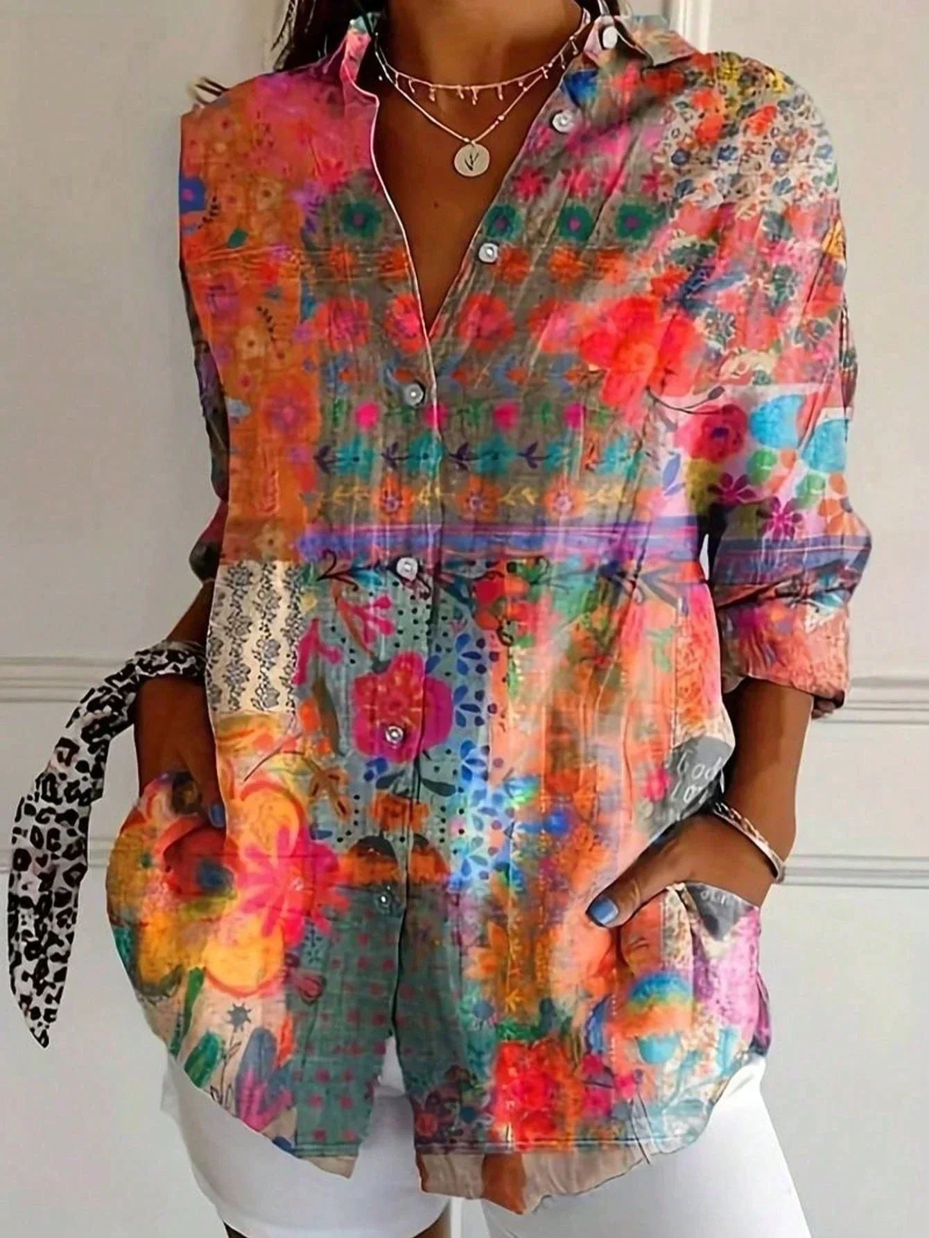 Relaxed Fit Women's Button Up Shirt Lightweight Patchwork Print