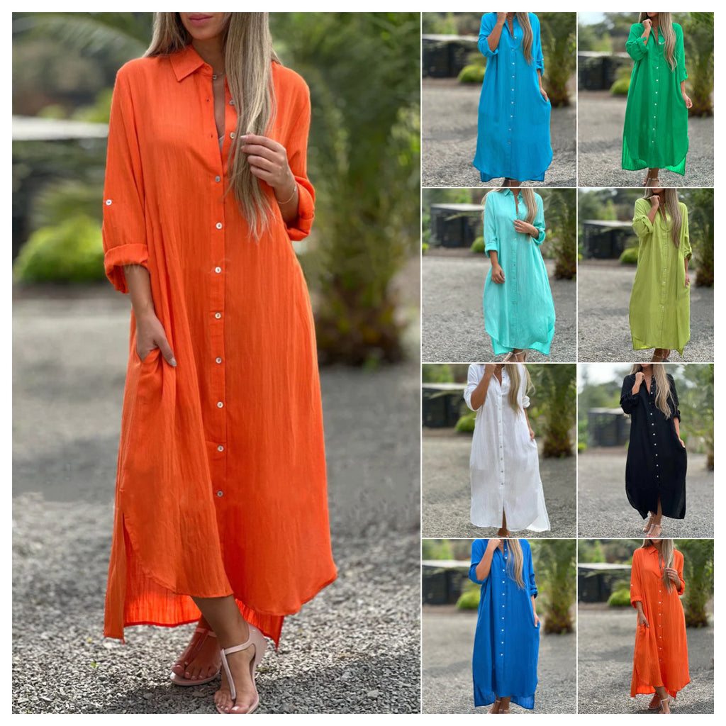 Cotton Linen Long Sleeve Shirt Dress Relaxed Fit