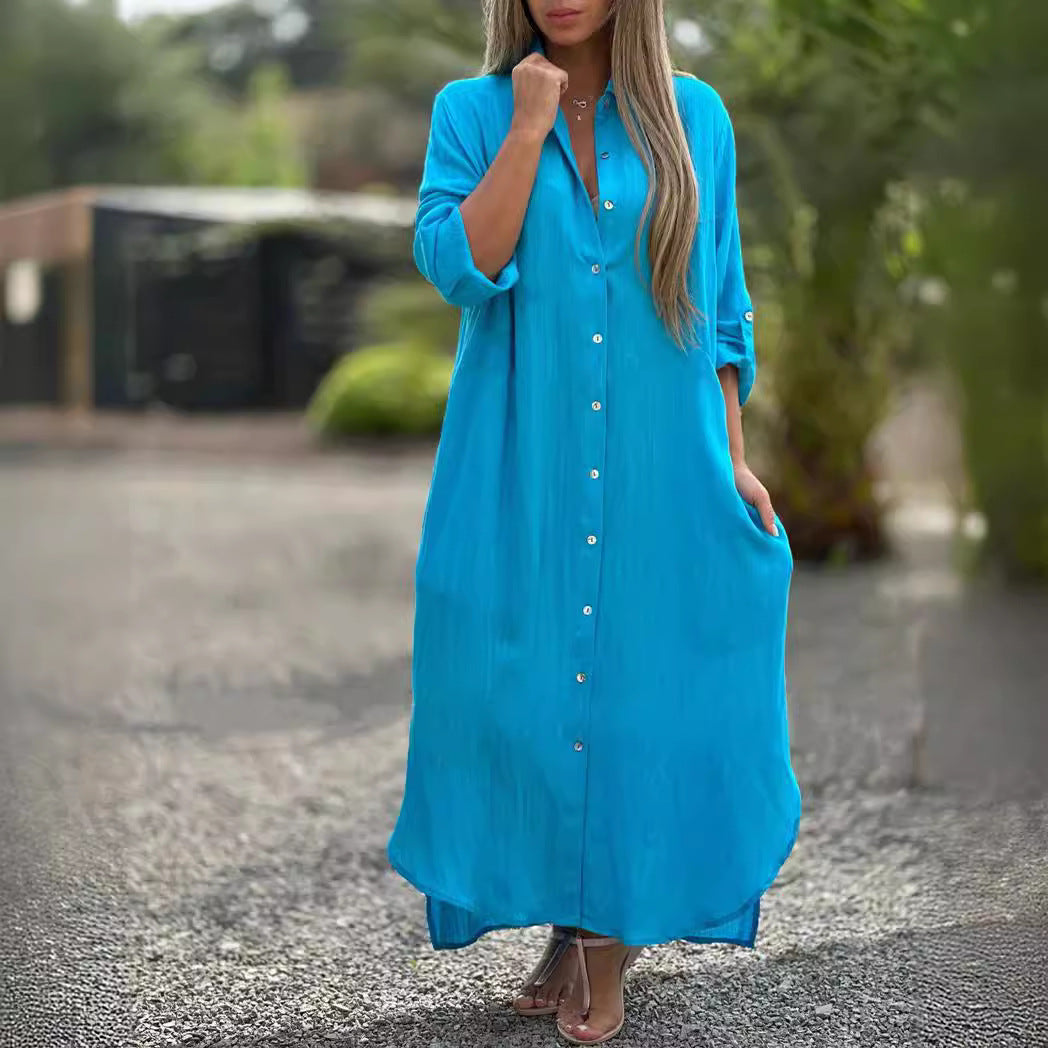 Cotton Linen Long Sleeve Shirt Dress Relaxed Fit