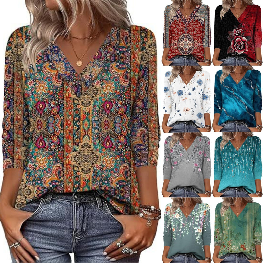 20 Colors Cross-Border European and American Women's Clothing Amazon 2025 Autumn Loose Casual Printed Long Sleeve V-Neck T-Shirt Top