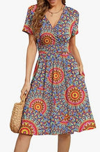 V Neck A Line Mid Calf Dress Women Casual