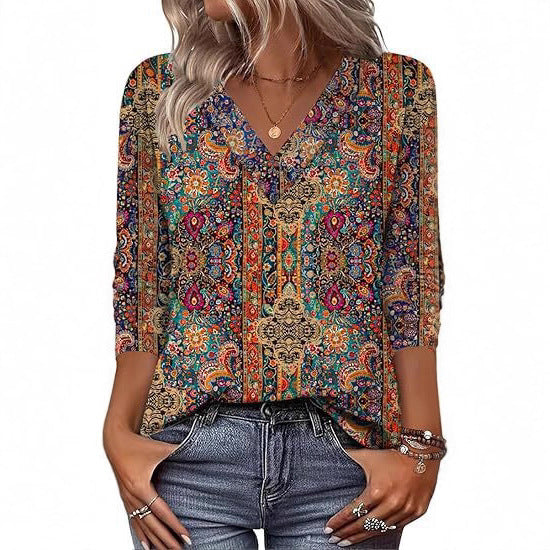 20 Colors Cross-Border European and American Women's Clothing Amazon 2025 Autumn Loose Casual Printed Long Sleeve V-Neck T-Shirt Top