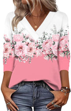 20 Colors Cross-Border European and American Women's Clothing Amazon 2025 Autumn Loose Casual Printed Long Sleeve V-Neck T-Shirt Top